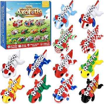 12PCS 2026 World Soccer Cup 3D Printed Axolotl Fidget Toys 12 Style Sports Theme Stress Relief Collectible Soccer Party Favors for Party Goodie Bags Stuffers, Sports Fans Gifts