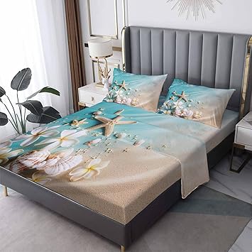 Tropical Beach Sheets Twin XL Sheet Set, Starfish Seashell Floral Bed Sheets, Coastal Ocean Bedding Bedroom Decor, Soft Microfiber Deep Pocket Fitted Sheet & Flat Sheet & 1 Pillowcase