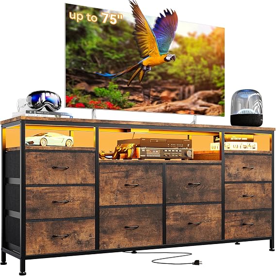 Jojoka 10-Drawer Dresser TV Stand for 65, 70, 75 Inch TVs, 63" W Long Fabric Entertainment Center, Chest of Drawers for Bedroom with LED Lights & Power Outlets,Tabby Pattern