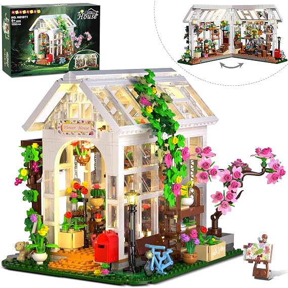 HOGOKIDS Flower House Building Set with LED Light - 1332 PCS Garden House Buiding Toy with Flowers Potted Plants Parrot Cat Animals Playset Greenhouse Birthday for Adults Teens Girls 8+