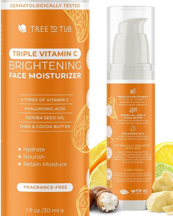 كريم الوجه Tree To Tub Vitamin C - مرطب فيتامين C ثلاثي الحركة للوجه ، مرطب الوجه للنساء ، كريم فيتامين C النهاري والليل للوجه