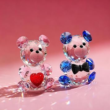 HDCRYSTALGIFTS 2pcs Crystal Couple Bears Figurine Collectibles 2.4inch Miniature Glass Teddy Bear Animals Statue Home Tabletop Decor Ornaments, Birthday Valentine's Day Gift for Her Women