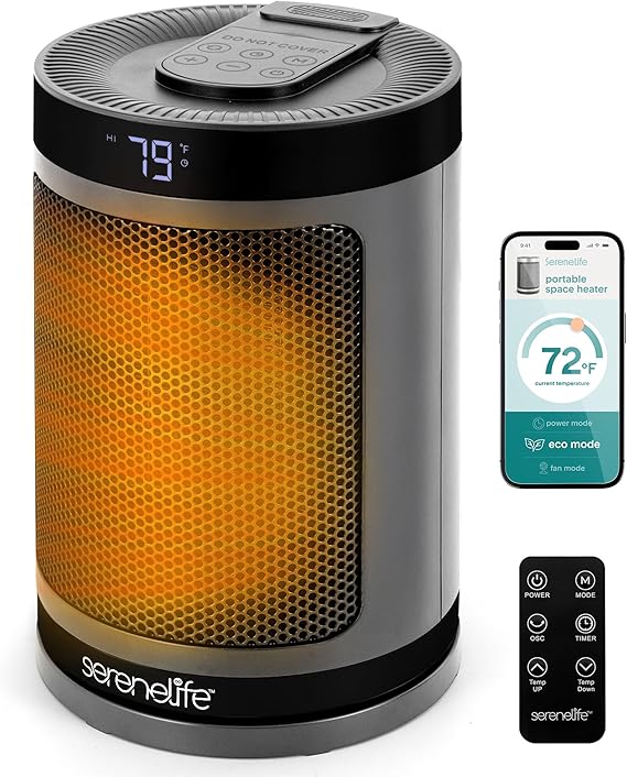 SereneLife Smart Space Heater 1500W Indoor Electric Heater with Thermostat, Remote Control, 12-Hour Timer, Wi-Fi Enabled PTC Ceramic Heating for Home and Office, Gray (5.9" x 5.9" x 9.5")