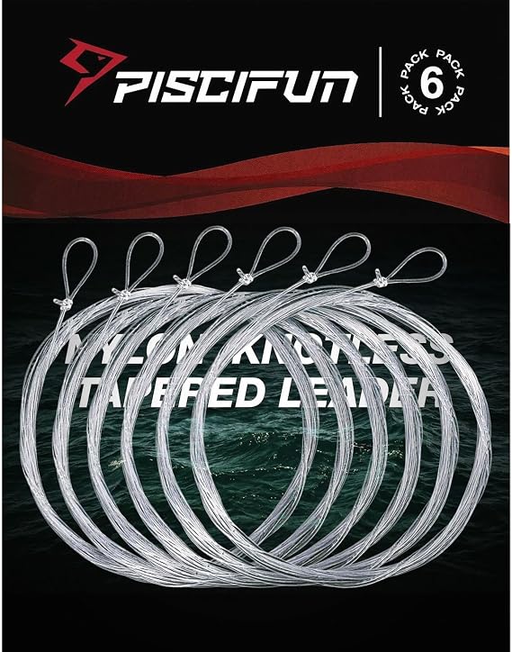 Piscifun Fly Fishing Leader with Pre-Tied Loop، Tapered Fly Line Leader، Nylon، Clear، 6 Pack، 7.5FT، 9FT، 12FT، 0X 1X 2X 3X 4X 5X 6X 7X