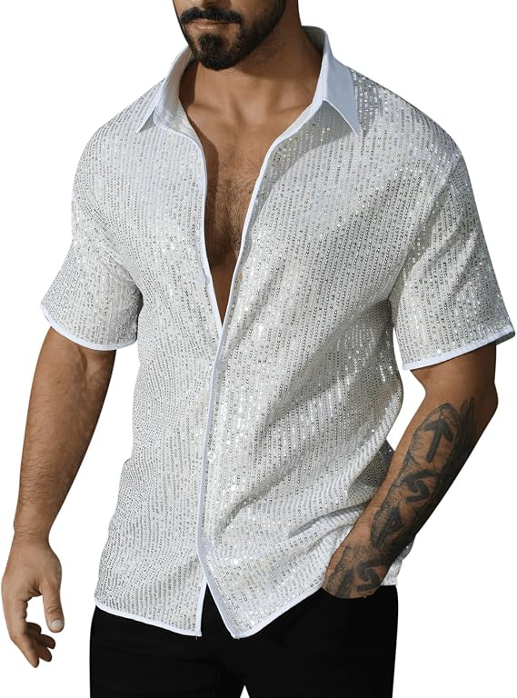 Men's Sequin Glitter Shirt Short Sleeve Button Down Disco Party Stage Costume 70s Vintage Club Night Out Shiny Top