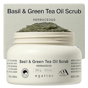 Himalayan Salt Body Scrub, Basil & Green Tea Exfoliating Oil Scrub with BHA LHA, Moisturizing Body Polish for Sensitive Skin, Soothing Mugwort & Oat, Green Citrus Scent, 10.5 oz
