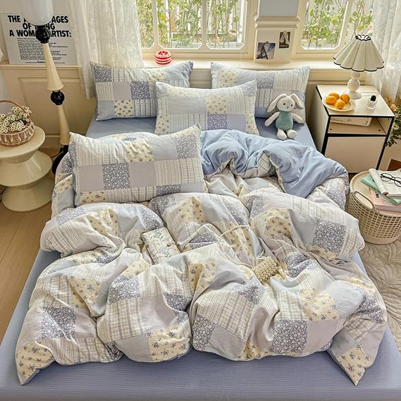 Ultra Soft Cotton Bedding Duvet Cover Set Queen Size, Comfortable Double-Layer Yarn 3 Pieces Bedding Set, Floral Comforter Cover Set, Includes 1 Duvet Cover and 2 Pillowcases,Blue 1,Twin