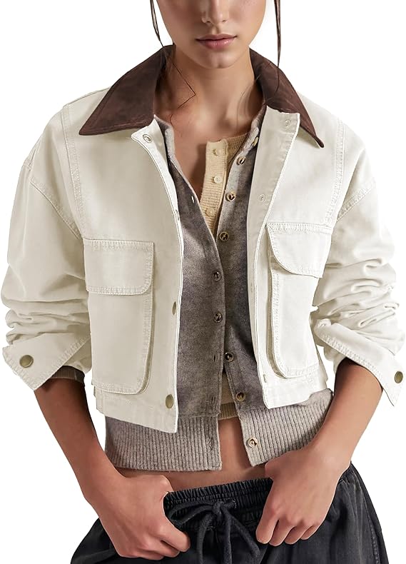 Barn Jackets for Women Contrast Collar Utility Coat Cargo Jacket Cropped Jacket with Pockets Outwear