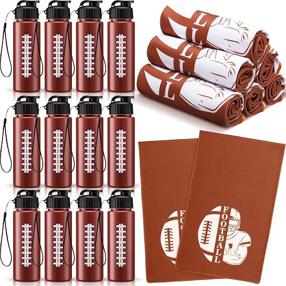 Reallnaive 24 Pcs Sports Water Bottle Cooling Towel Set Include 12 Reusable Sports Squeeze Water Bottle 12 Ice Towel Breathable 40"x12" Cooling Towels for Soccer Team Gift (Football)