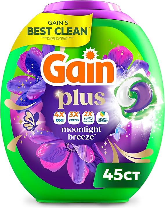 Gain Plus Flings Liquid Laundry Detergent Pods, Gain's Best Clean, All-In-One Pacs, Moonlight Breeze Scent, 45 Count