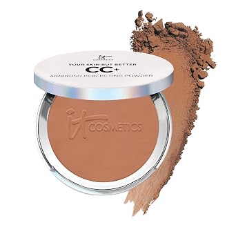 بودرة الأساس CC+ Airbrush Perfecting Powder من IT Cosmetics - بودرة مضغوطة شفافة لتغطية كاملة، تعمل على تشويش المسام والبقع الداكنة، ومكياج الوجه المضاد للشيخوخة، والكولاجين المحلل والنياسيناميد - 0.33 أونصة