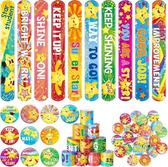 VioraWhite 60 Pcs Star Student Rewards 30 Star Slap Bracelets 30 Motivational Button Pins Inspirational Prizes Recognition Awards Classroom Gifts Student Prize for School Classroom Teacher Supplies