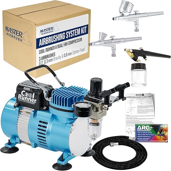طقم نظام رش الهواء Master Airbrush Cool Runner II بمروحة مزدوجة - طقم رش الهواء مع ضاغط هواء و3 فرش هواء، وتغذية سيفون 0.2 و0.3 مم و0.8 مم، وحامل ودليل تعليمي
