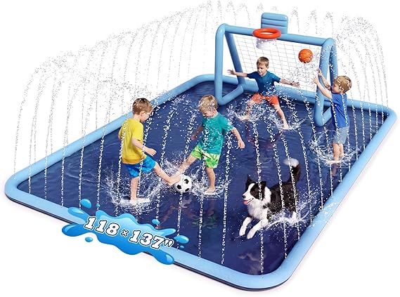 Splash Pad for Kids, 3-in-1 Sprinkler Splash Pad with Soccer Goal & Basketball Hoop, 118"x137" Extra Large Non-Slip Water Play Mat, Outdoor Water Toys for Kids, Backyard Summer Fun