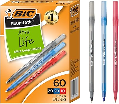 أقلام حبر متنوعة من BIC Round Stic Xtra Life ، متوسطة النقطة 1.0 مم ، حزمة 60 عد من الأقلام السائبة ، برميل دائري مرن للكتابة المريحة ، رقم. 1 بيع أقلام حبر جاف