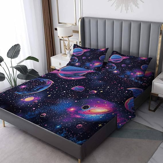 طقم ملاءات Space Sheets Cal King، ملاءات سرير Planet، ديكورات غرفة نوم Universe للأولاد والأطفال، ملاءة جيب عميقة من الألياف الدقيقة الناعمة وملاءة مسطحة و2 غطاء وسادة