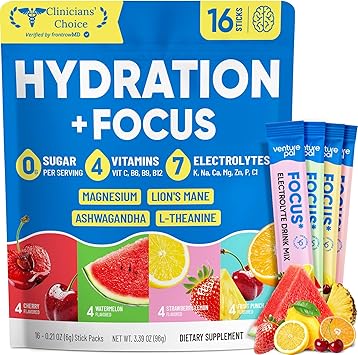 Venture Pal 2-in-1 Hydration Packets + Focus Support Electrolytes Powder, 7 Electrolytes + Vitamins, Magnesium, Lion's Mane & L-Theanine | Sugar Free Liquid Daily IV Drink Mix, Vegan, Keto, 16 Sticks