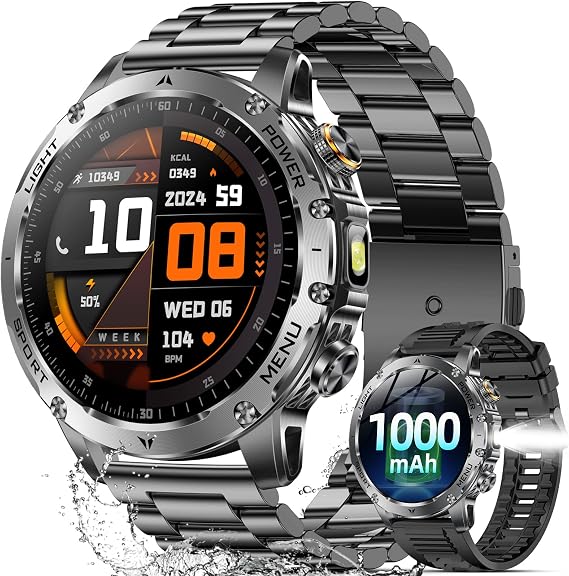 Military Smart Watches for Men (Answer/Make Calls), Smart Watch with 1000mAh Battery, Heart Rate/Sleep Monitor 100+ Sport Modes 1.7 Fitness Watch for Android/iPhone, 2 Bands (Silver)