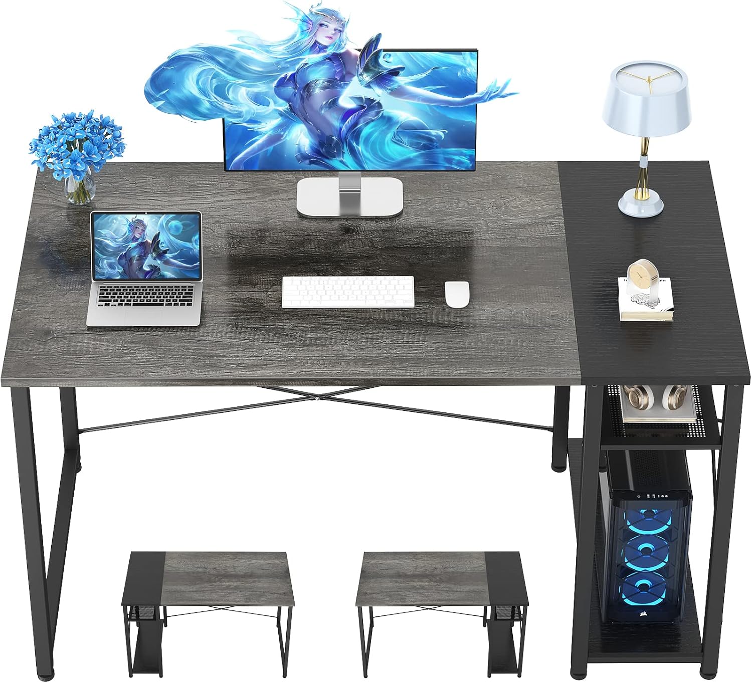 Ecoprsio Computer Desk، 39 Inch Small Desk for Small Space، Modern Study Writing Desk with Shelves Storage، طاولة كمبيوتر قابلة للعكس للمكتب المنزلي، غرفة ألعاب، غرفة نوم، محطة عمل، رمادي وأسود