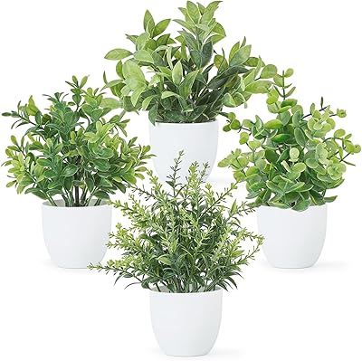 Mkono 4 Packs Fake Plants Mini Artificial Greenery Potted Plants Faux Eucalyptus for Spring Decor Home Indoor Office Table Shelf Room Bathroom Farmhouse Decor