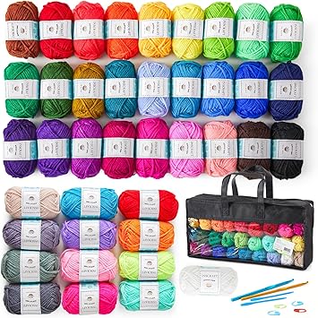 INSCRAFT 48 PCS Crochet Yarn Kit, 1400 Yards 40 Colors Acrylic Yarn Skeins, 2 Crochet Hooks, 2 Weaving Needles, 4 Stitch Markers, 1 Bag, for Crocheting & Knitting, Gift for Beginners and Adults