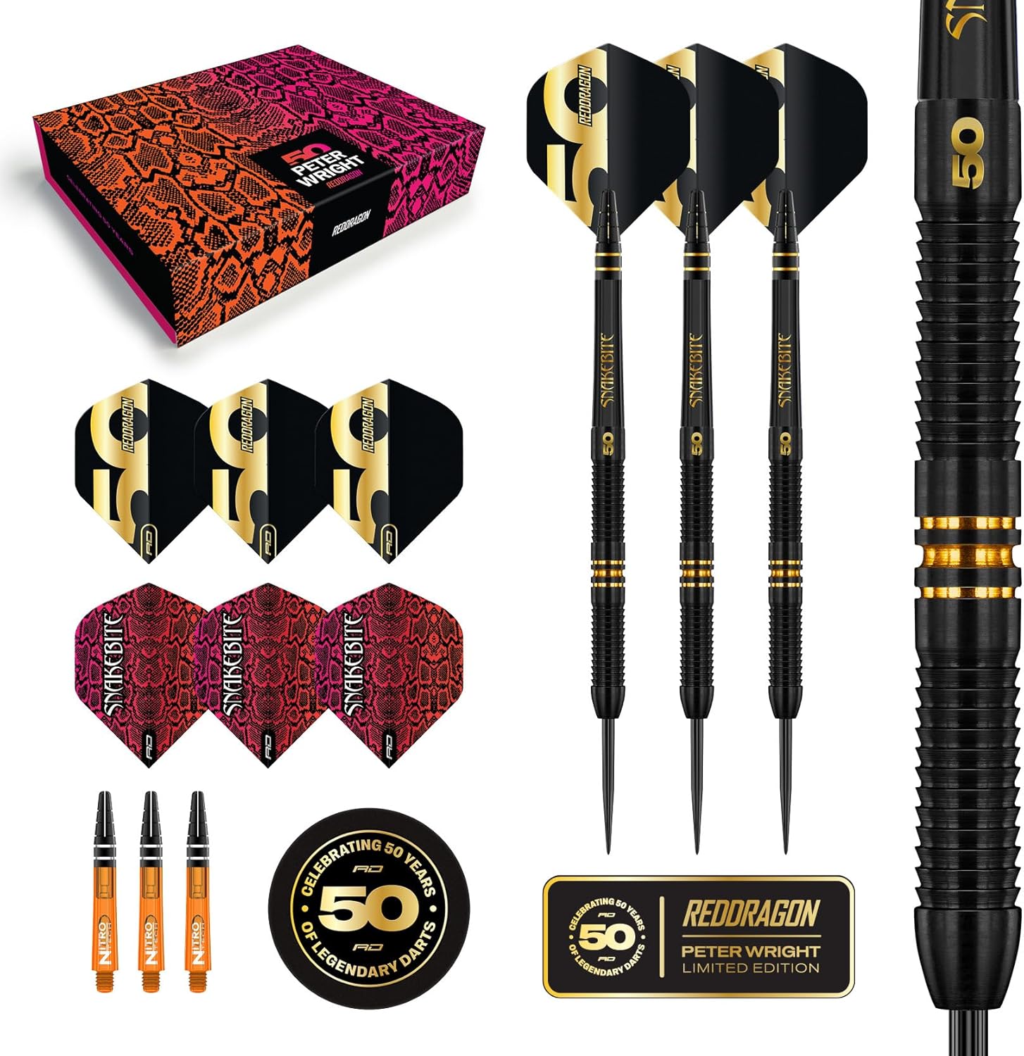 RED DRAGON DARTS - 50 Year Anniversary Player Edition - Professional Steel Tip 90% Tungsten Darts Set - Includes Dart Flights &amp; Dart Stems (Shafts) - Available in 21g, 22g &amp; 23g