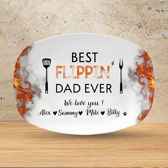 Personalized Daddy's Grilling Plate Best Flippin' Dad Ever Custom BBQ Daddys Grill Platter with Kids' Names Father's Day Grill Gift for Him, Grandpa, or Papa