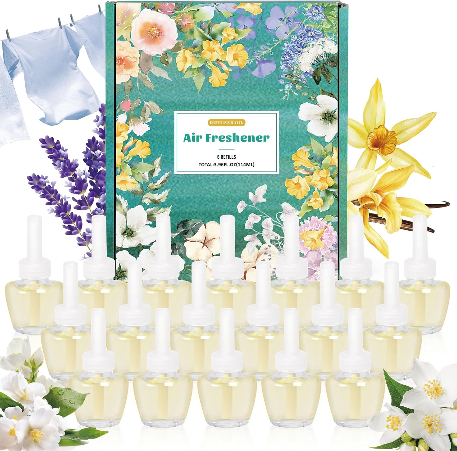 PlugIns Refills Air Freshener, Plug in Scented Oil Refill, Lavender, Linen & Vanilla,Jasmine Scents,12 Count, 7.92 Fl Oz, Plug Refills for Home and Bathroom, Compatible with Glade, Air Wick