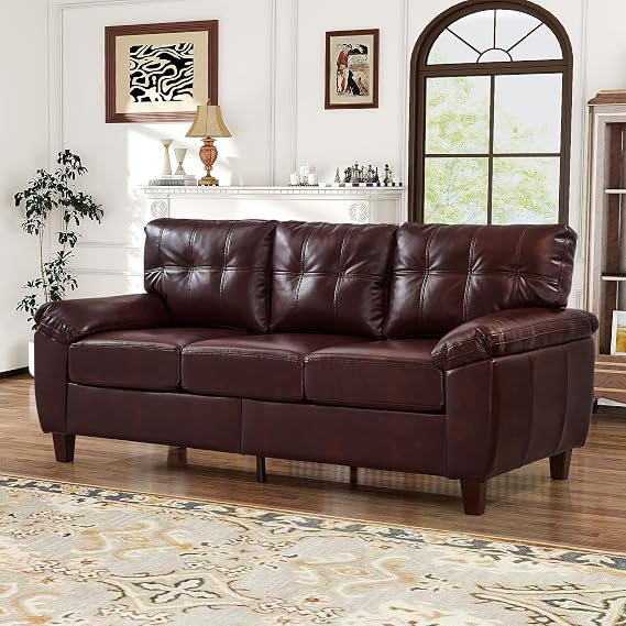 79"W Faux Leather Sofa Couch with Hidden Storage & Tufted Backrest, Upholstered Mid Century Modern Couch, Deep Seat Comfy Chesterfield Sofa for Living Room, Bedroom, Office(3 Seater, Burgundy)