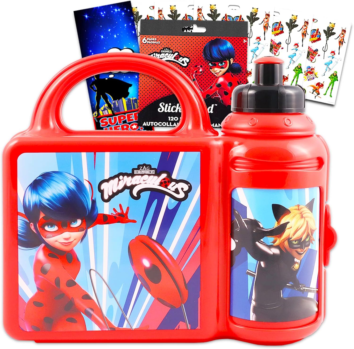 صندوق غداء Ladybug المعجزة ومجموعة زجاجة المياه - حزمة مستلزمات مدرسة Ladybug المعجزة للأطفال والأطفال الصغار بالإضافة إلى ملصقات خارقة للفتيات مجموعة غداء Ladybug المعجزة