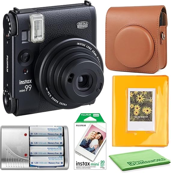 Fujifilm Instax Mini 99 Instant Camera Bundle with Fuji Instax Mini Instant Film Value Pack 20 Sheets  Carrying Case - Brown  Photo Album 64 Pockets  More