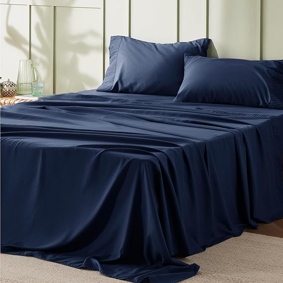 Bedsure Queen Sheet Set - 4 Pieces Soft Queen Size Sheets - Breathable & Cooling - Hotel Luxury - Easy Care Polyester Microfiber Bedding for Kids, Women, Men, Navy