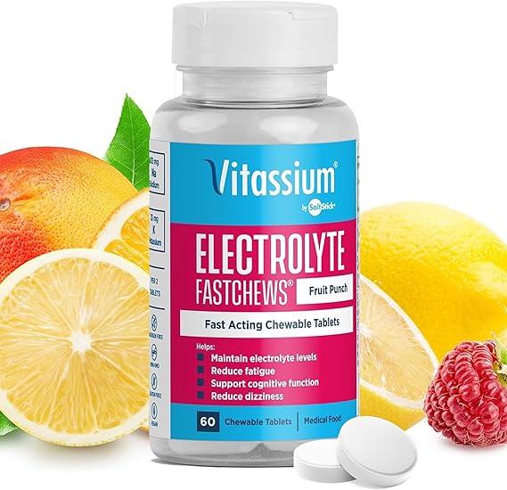 Vitassium FastChews، أقراص إلكتروليت قابلة للمضغ لإدارة POTS والأنظمة الغذائية عالية الصوديوم، أقراص الصوديوم سريعة المفعول، لكمة الفاكهة، 60 عدد
