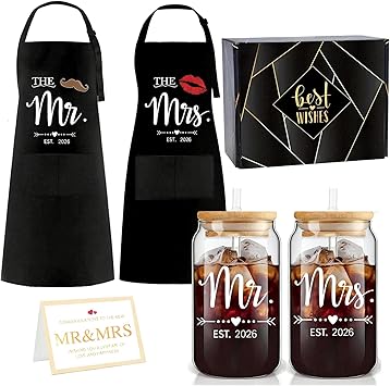 Mr Mrs Est 2026 Glass Cup and Apron Gift Set,Couples Engagement Gift, Bridal Shower Gifts for Couple, Newlyweds, Christmas Wedding Gifts for Couple Kitchen