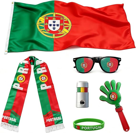 Portugal 2026 World Cup Fan Kit, 6 Pcs Cheering Set for Game Day Watch Party Flag, Fan Scarf, Wristband, Flag Glasses, Hand Clapper, Blendable Face Paint Sticks