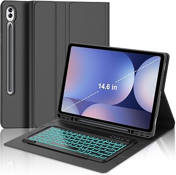 حافظة لوحة مفاتيح بإضاءة خلفية لجهاز Samsung Tab S10 Ultra/S9 Ultra/S8 Ultra مقاس 14.6 بوصة، لوحة مفاتيح قابلة للفصل لجهاز Galaxy S10 Ultra Tab Case Smart Cover Folio مع فتحة قلم، إضاءة خلفية بـ 7 ألوان، نحيفة ومحمولة، أسود