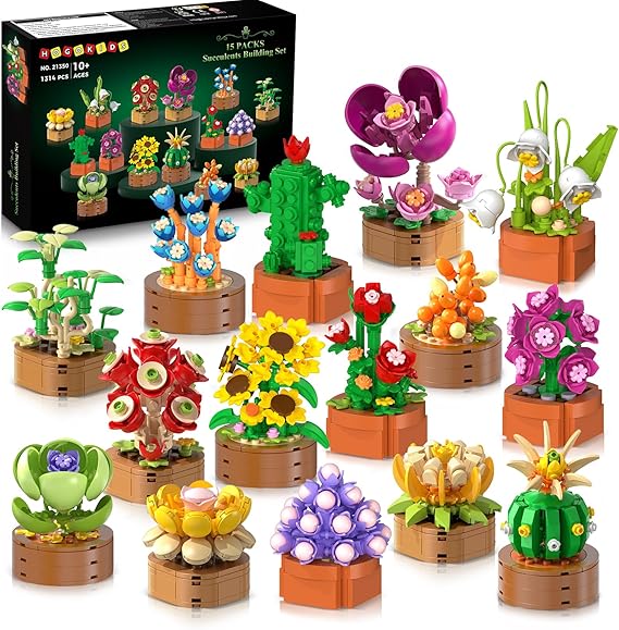 HOGOKIDS 15 Pack Flower Succulent Building Set, Botanical Collection Mini Blocks with Pots, 3.6MM Plant Toys for Home Office Desk Decor, Birthday Valentine Gifts for Adults Women Boys Girls Age 6+