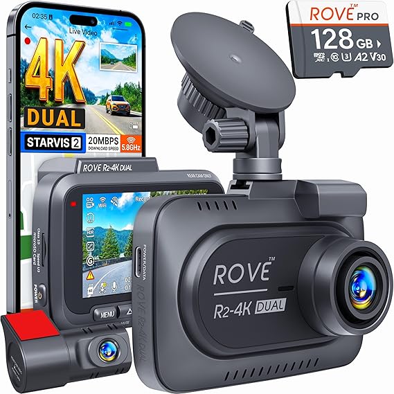 ROVE R2-4 K DUAL Dash Cam أمامي وخلفي، مستشعر STARVIS 2، بطاقة 128 جيجابايت مجانية متضمنة، شبكة WiFi 5G - أسرع سرعة تنزيل حتى 20 ميجابايت/ثانية مع التطبيق، 4K 2160P/كاميرا FHD داش للسيارات، 3 بوصة IPS، وضع وقوف السيارات 24 H