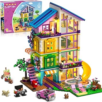 HOGOKIDS مجموعة بناء منزل الفتيات مع ضوء LED - 1317 PCS الأصدقاء فيلا بلوك لعبة مع سيارة وحمام سباحة، حديقة 4 الطابق بناء كيت للعب الأدوار، هدية عيد ميلاد للفتيات الأولاد الأطفال الذين تتراوح أعمارهم بين 8-14+
