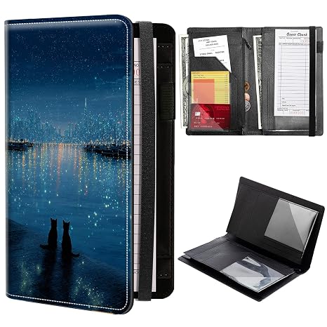 Server Books for Waitress, PU Leather Waiter Book Book Server Wallet with Elastic Bandage Closure, Organizer with Zipper Pocket 11 Money Pocket Fit Server Apron, City Night Cat