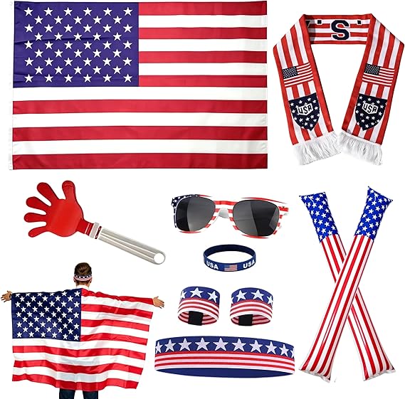 2026 World Soccer Sport Cup USA Fan Gear Kit, 10pcs Patriotic Soccer Fan Accessories for Game Day & Watch Party - with USA Team Flag, Scarf, Headband, Wristbands, Sunglasses, Clapper, Cheering Sticks