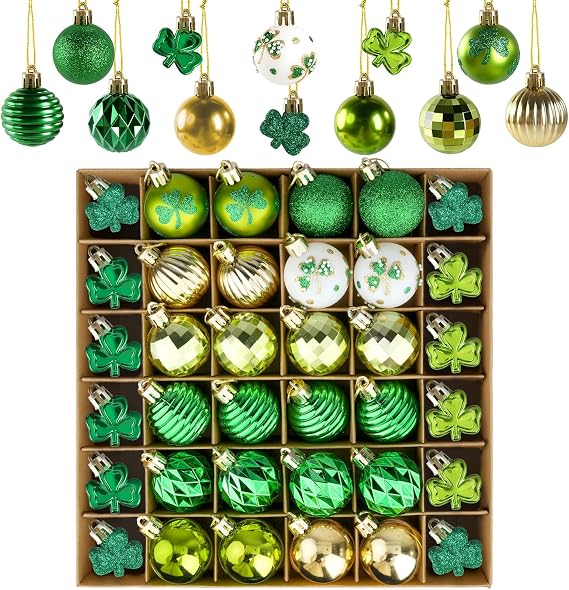 St Patrick's Day Shamrocks Ball Ornament Set, 36Pcs Green Gold Good Luck Clover Decorative Hanging Ball Ornaments Trefoil Hanging Bauble for Tree Table Shelf Home Decor Irish Decor