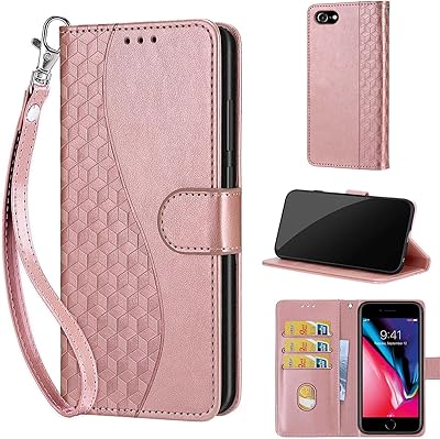 for iPhone SE 2020SE 2022iPhone 8iPhone 7 Case Wallet,Women Flip Folio Cover with Embossed PU Leather Card Holders Slots Wrist Strap Phone Case for iPhone 78 4.7 inch Rose Gold