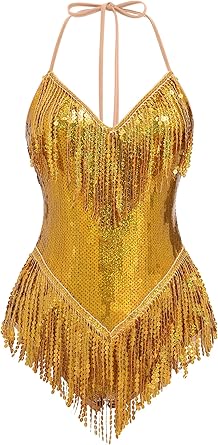 IBAKOM Sexy Sequins Fringe Bodysuit Halter Lace Up Back Jazz Latin Dance Tassel Leotard Acrobat Costume Rave Concert Outfits