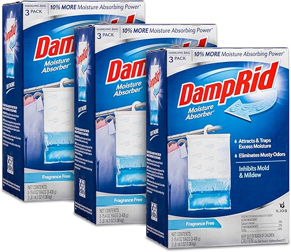 Damp Rid Hanging Bag Moisture Absorbers for Closet Humidity Absorber & Odor Eliminator, Moisture Bags 3 Pack (15.4 oz Each), Fragrance Free Ilios Packaging