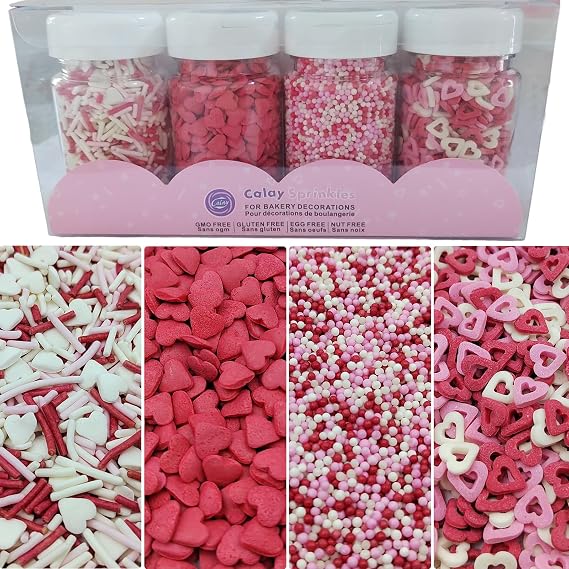 Valentines Sprinkles, White Pink and Red Heart Sprinkles for Cake Decorations, 4 Pack Assorted Styles, Heart Jimmies Nonpareils Pearl Sprinkle for Valentine Baking Cookies Cupcake Decorating