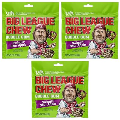 علكة Big League Chew Sour Apple Bubble Gum 3 عبوات - عبوات 2.12 أونصة - علكة Swingin Sour Apple Baseball Gum - مجموعة حلوى Big League Chew Baseball للحلويات وهدايا الحفلات والمزيد - حلوى الكرة اللينة للفرق