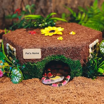 Handmade Reptile Hideout Cave Coconut Fiber & Pine Wood Terrarium Shelter with Flower Green Plants Decor, 12.5 x 4 in, for Lizards, Snakes, Turtles, Geckos, Spiders & Small Pets