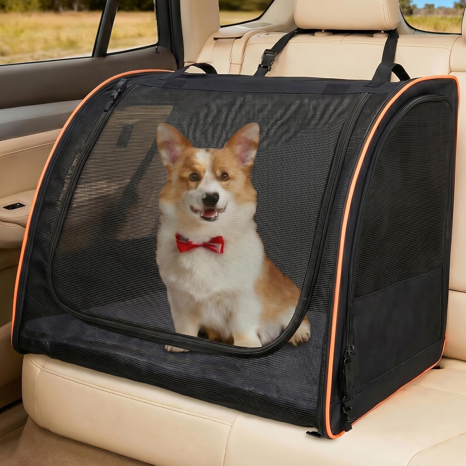 Dog Car Seat, Airtight Pet Carrier Travel Safety Dog Crate Soft Side Cover Car Kennel Carrier for Medium Dog Backseat