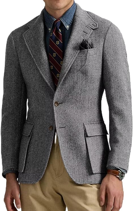 Men's Blazer Vintage Herringbone Jacket Two Button Wool Blend Coat